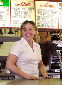Friendly waitress at Wally's favorite breakfast stop in Woodstock, New Brunswick